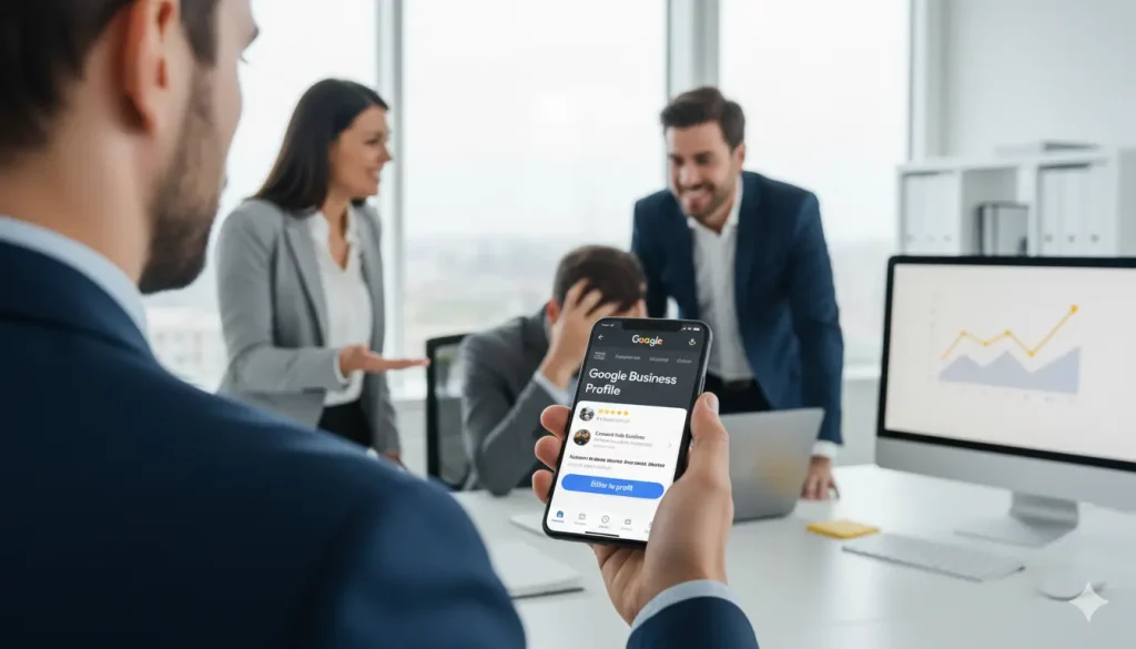 Businessman sur la fiche google business profile de son entreprise