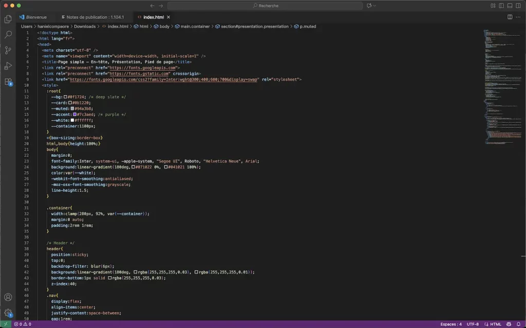 screenshot du code html et css dans Virtual Studio Code
