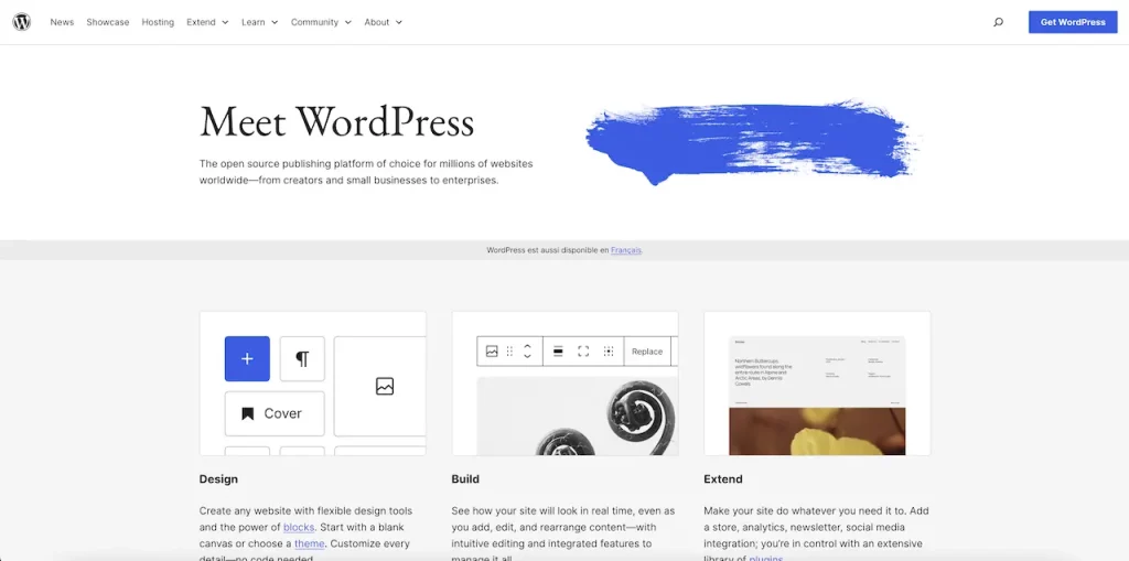 Screenshot de la page d'accuei de WordPress
