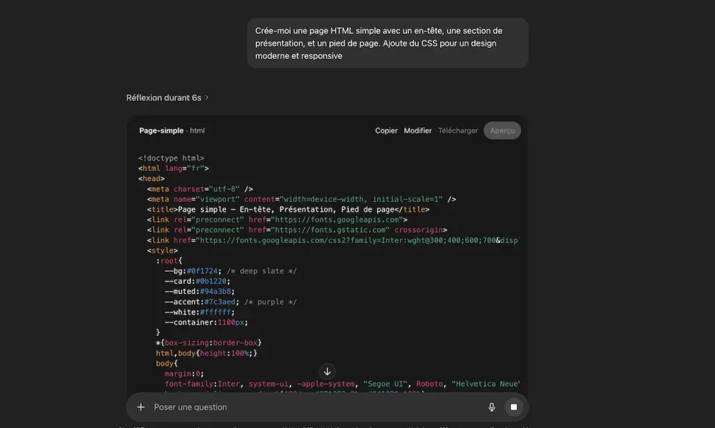 screenshot du prompt pour le code da la page test