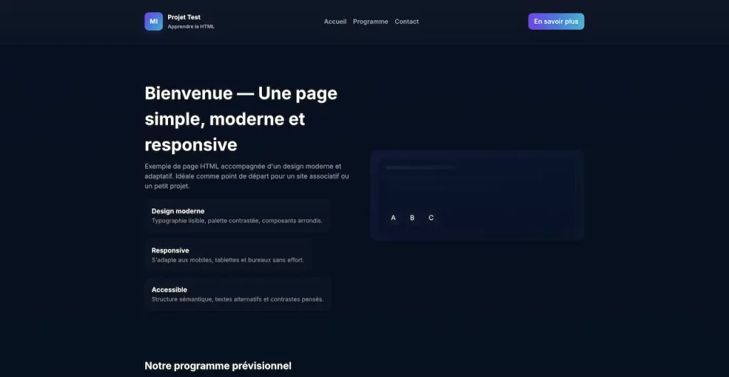 Rendu de la page html du projet test avec le code fourni par chat GPT