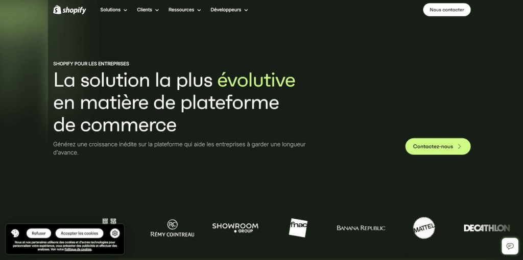 screenshot de la page d'accueil de Shopify
